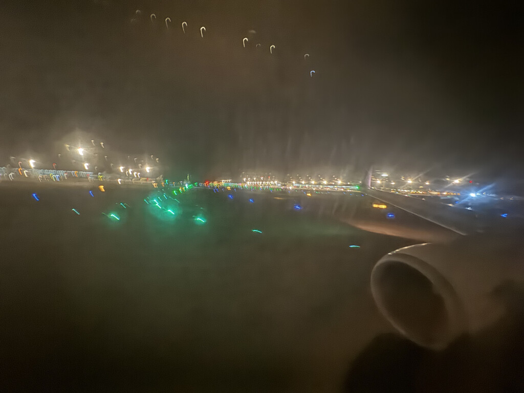 an airplane wing at night