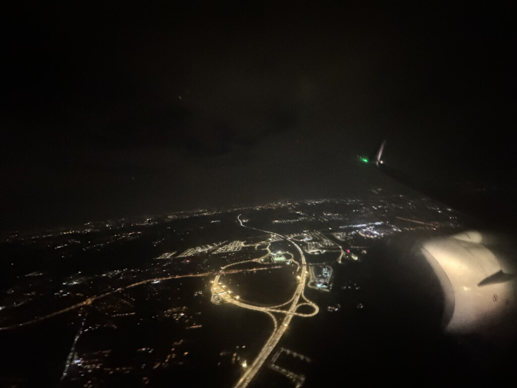 an aerial view of a city at night