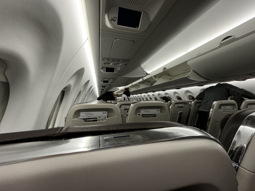 an airplane with seats and lights