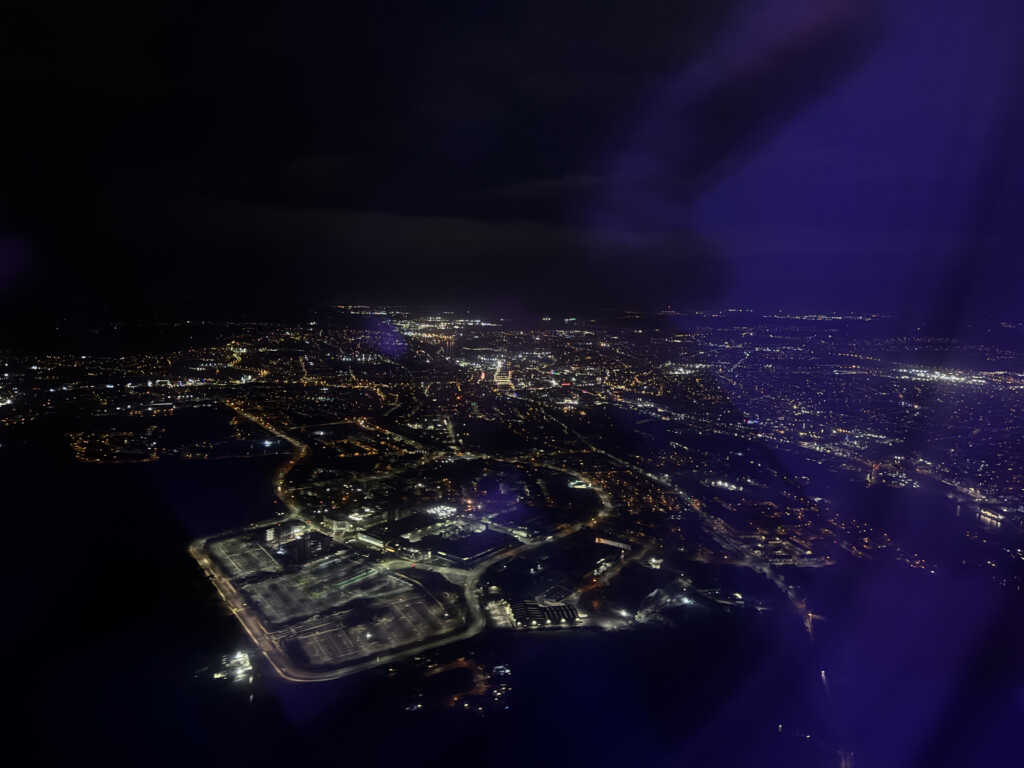 an aerial view of a city at night