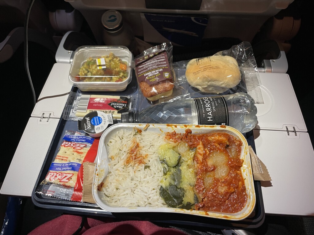 food on a tray on a plane