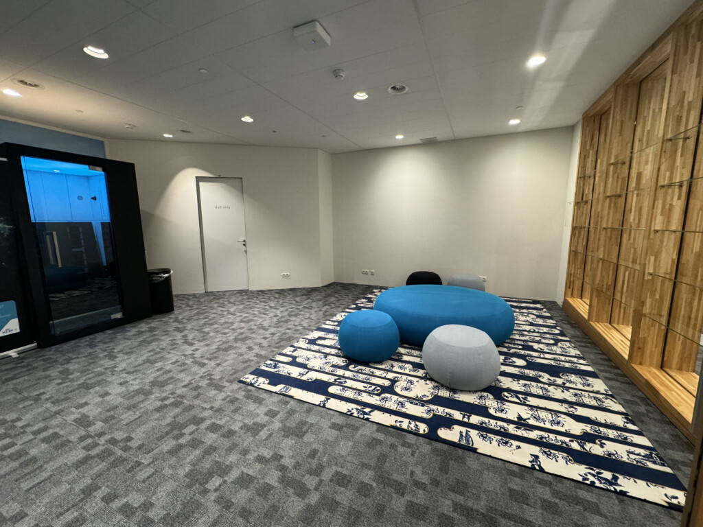 a room with a blue and white rug and round blue pillows