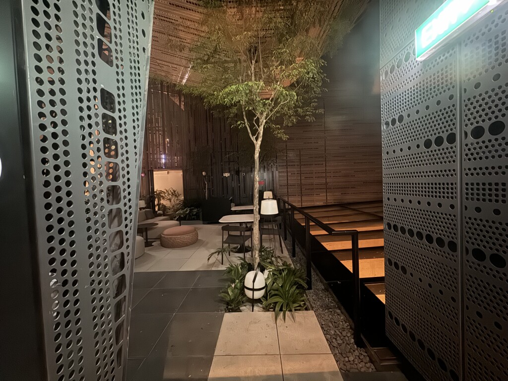 a room with a tree and chairs