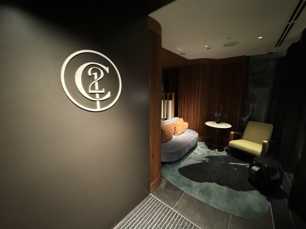 a room with a round sign on the wall