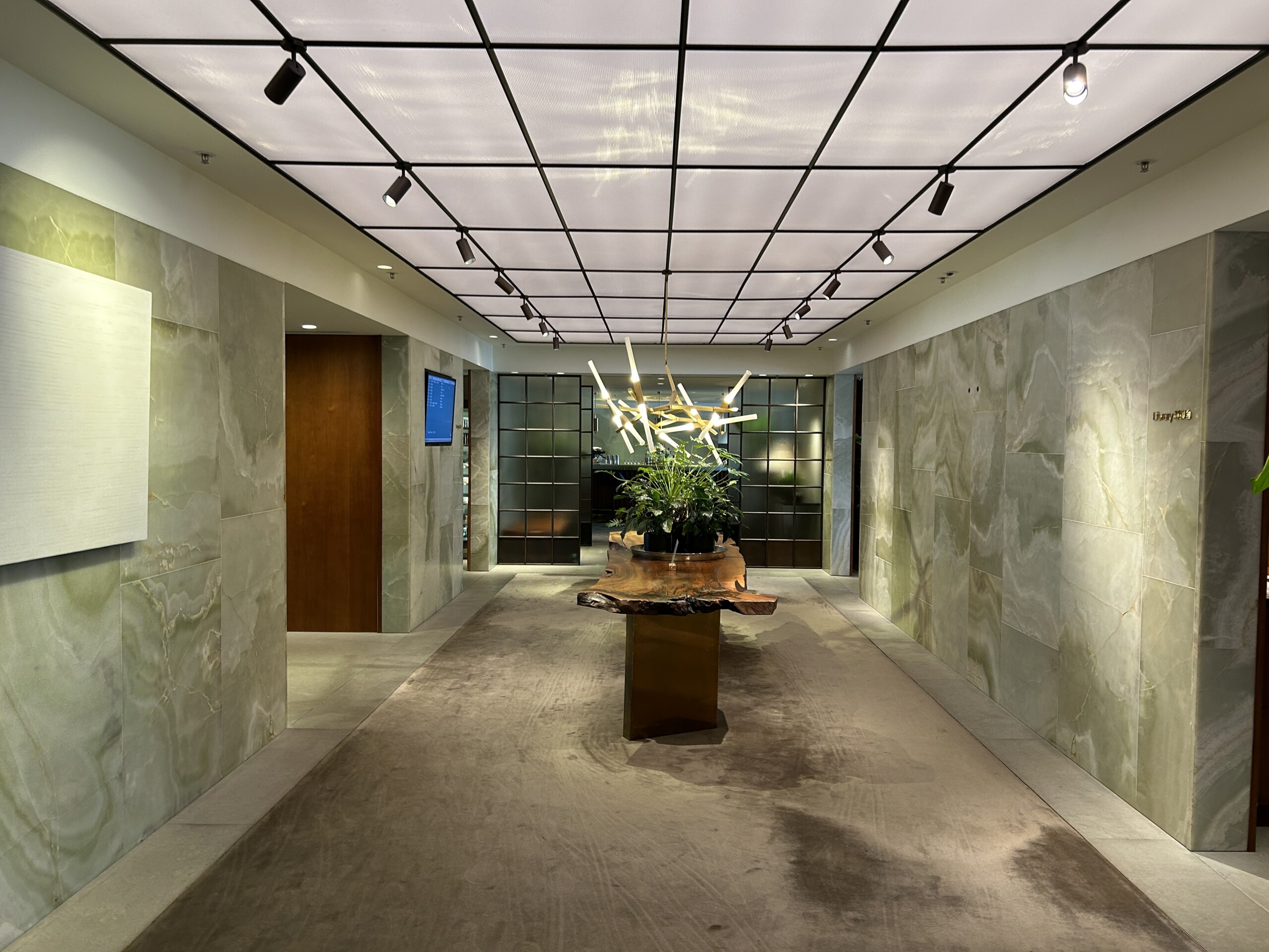 a long hallway with a plant on the table