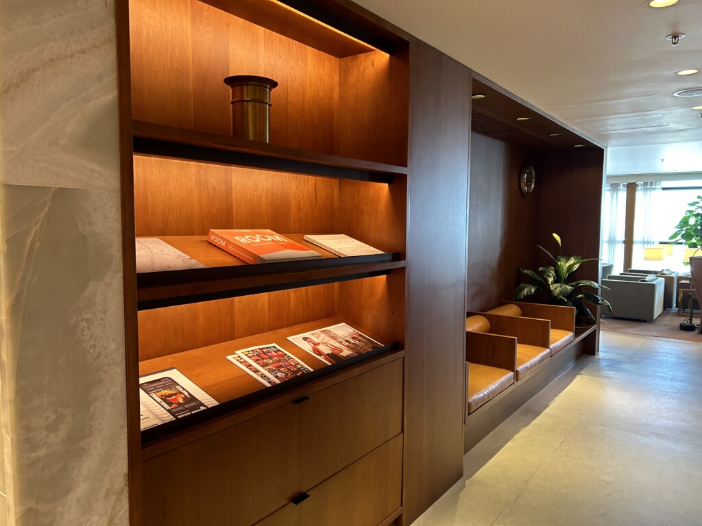 a wood shelves with lights and a plant in the background