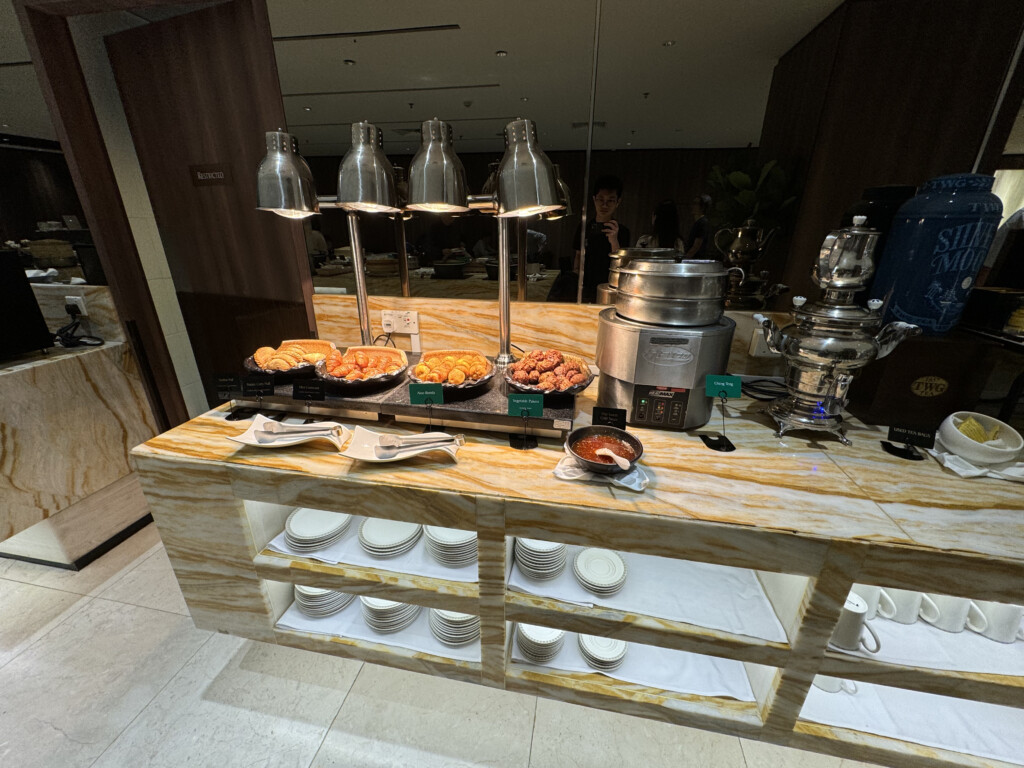 a buffet with food on it