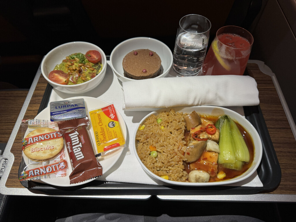 a tray with food and drinks on it