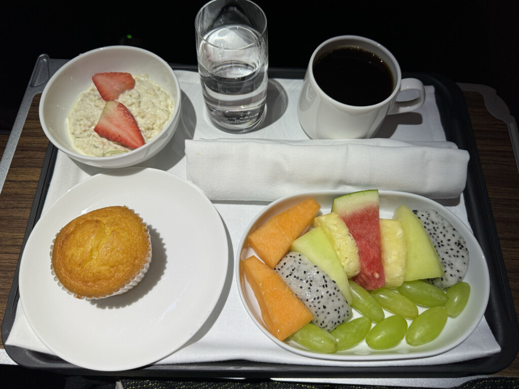 a tray with food and drinks on it