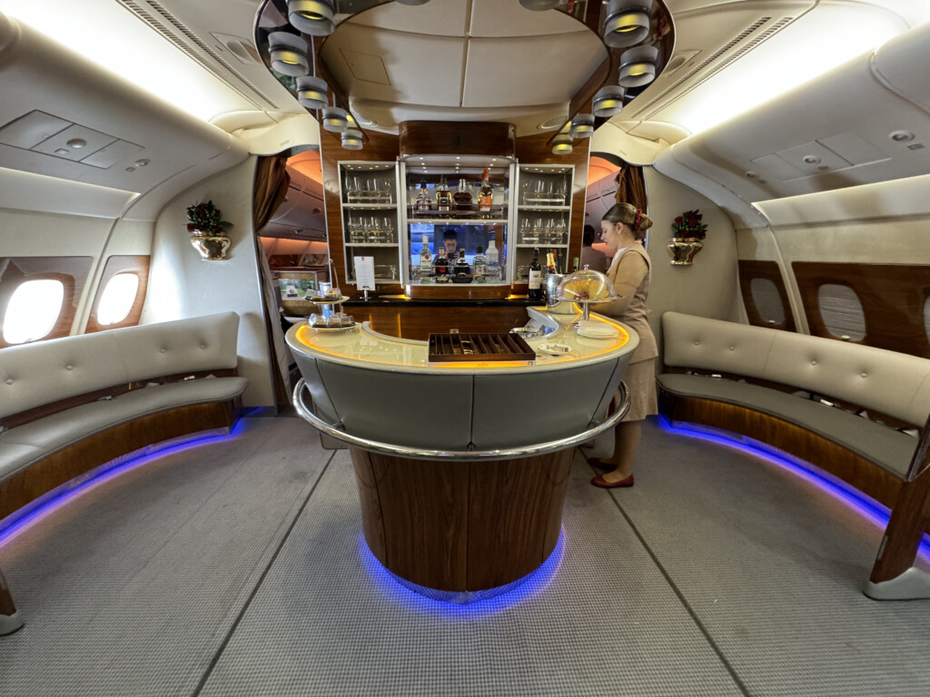 a woman standing behind a bar in an airplane
