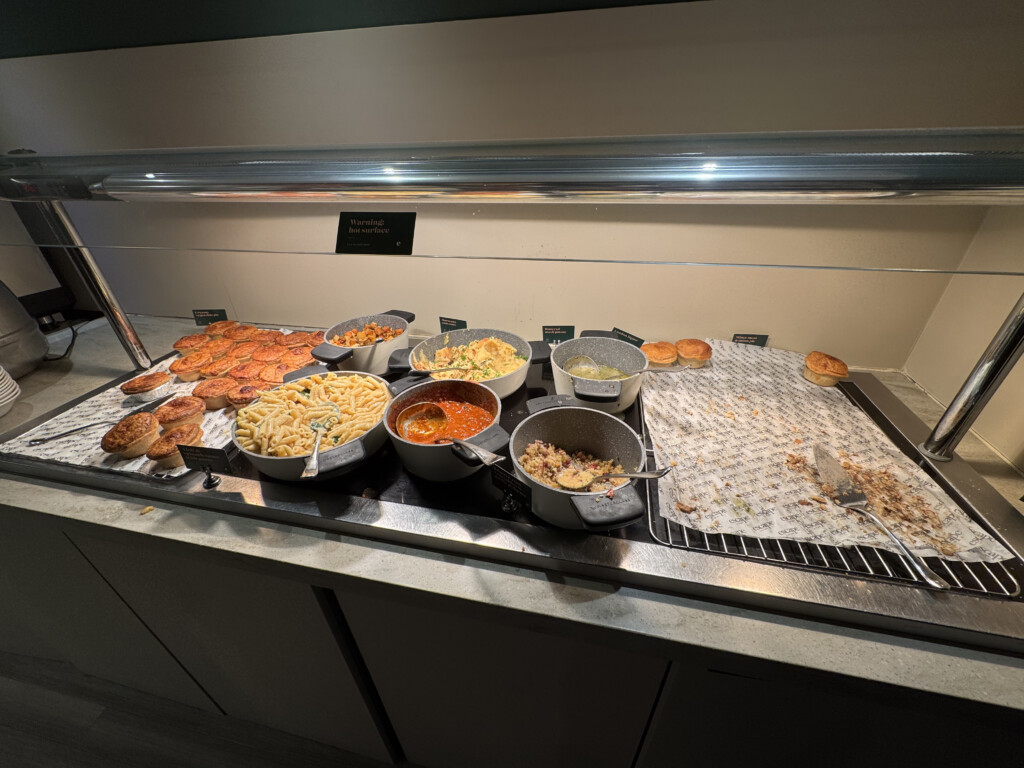 a buffet table with food on it