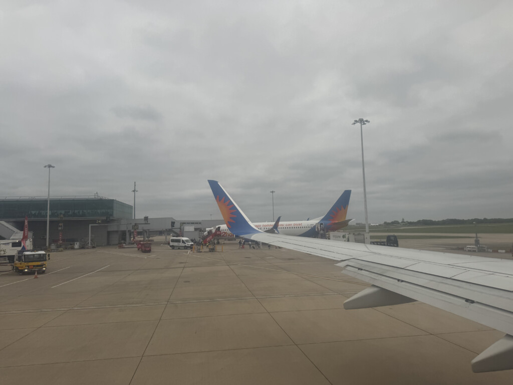 an airplane parked on a runway