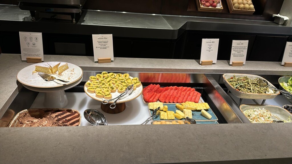 a buffet table with food on it