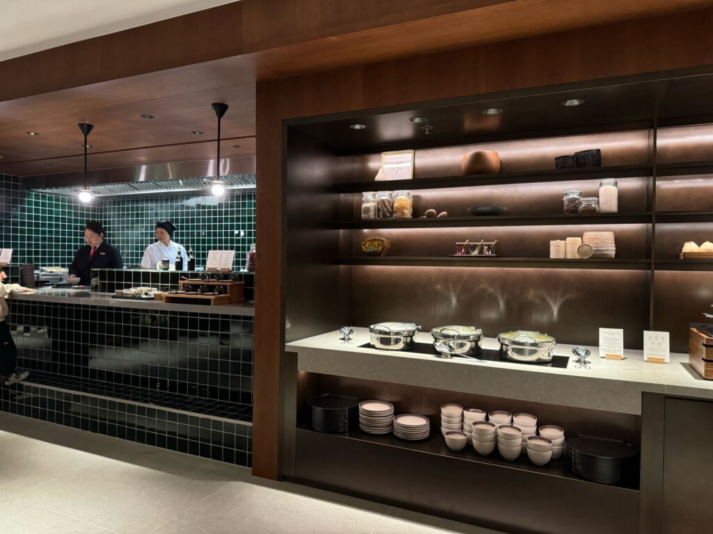 a kitchen with shelves and shelves of food