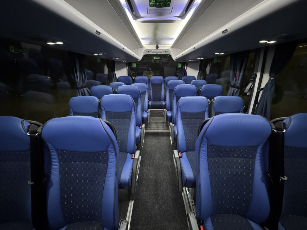 a bus with blue seats