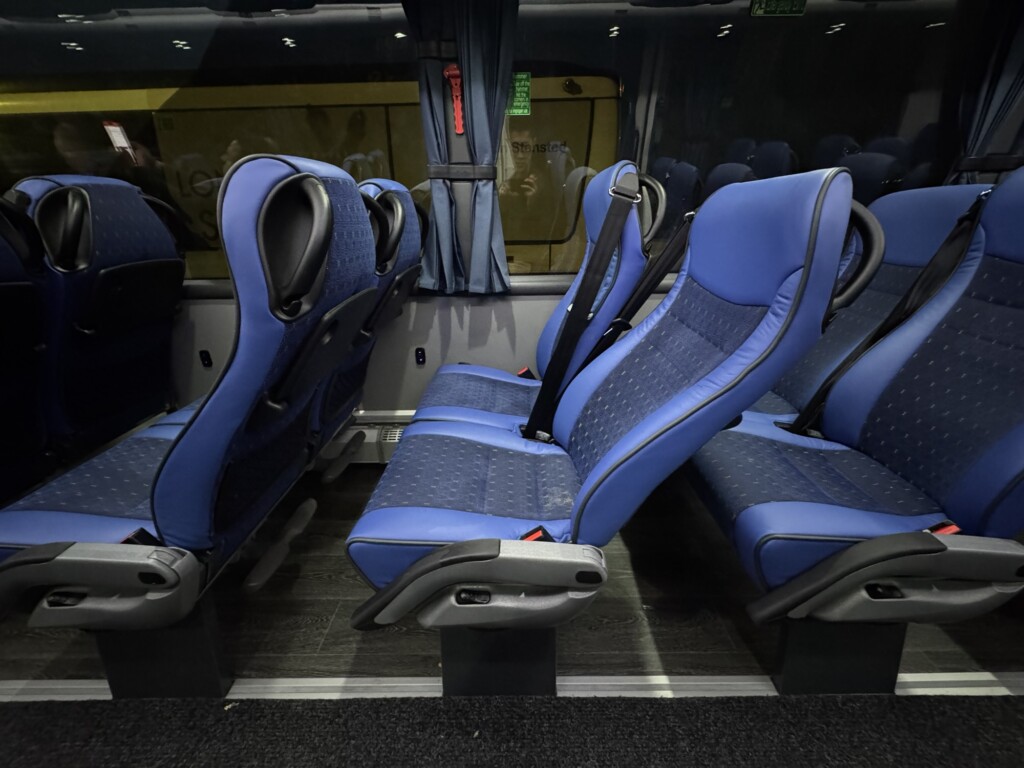 a blue seats in a bus