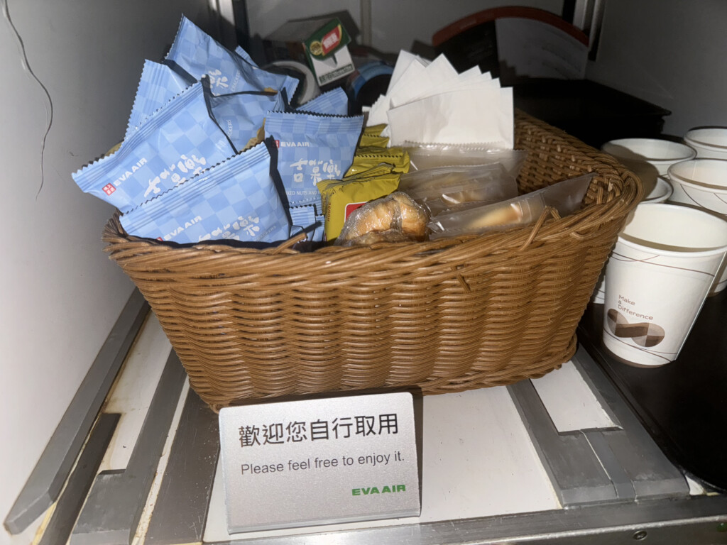 a basket of food and a sign