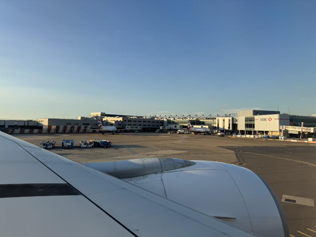 an airplane wing in an airport