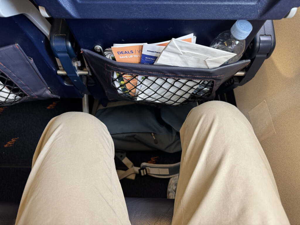 a person's legs and a pocket on a plane