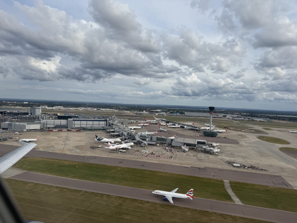 an airport with planes on the runway