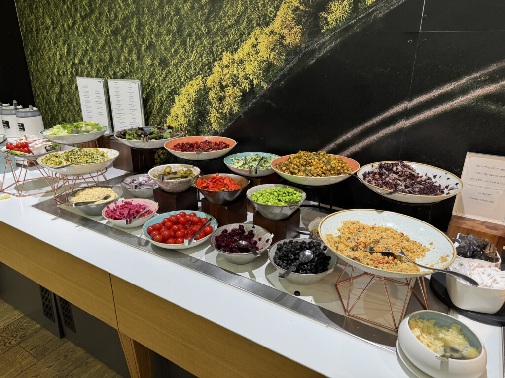 a buffet table full of food