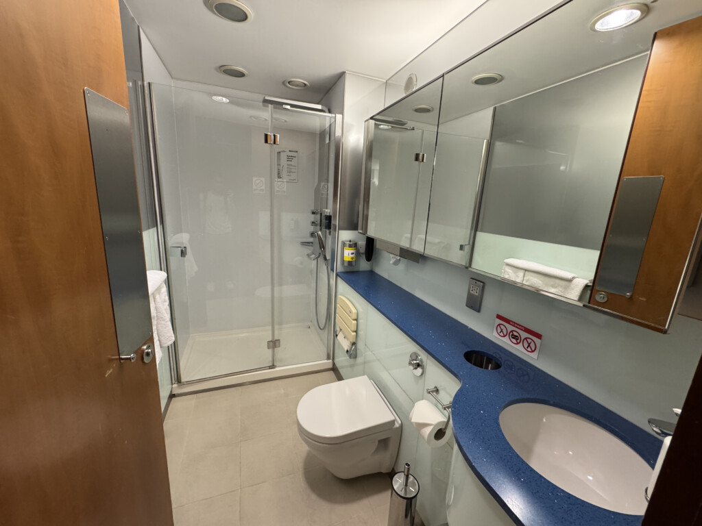 a bathroom with a blue countertop and a shower