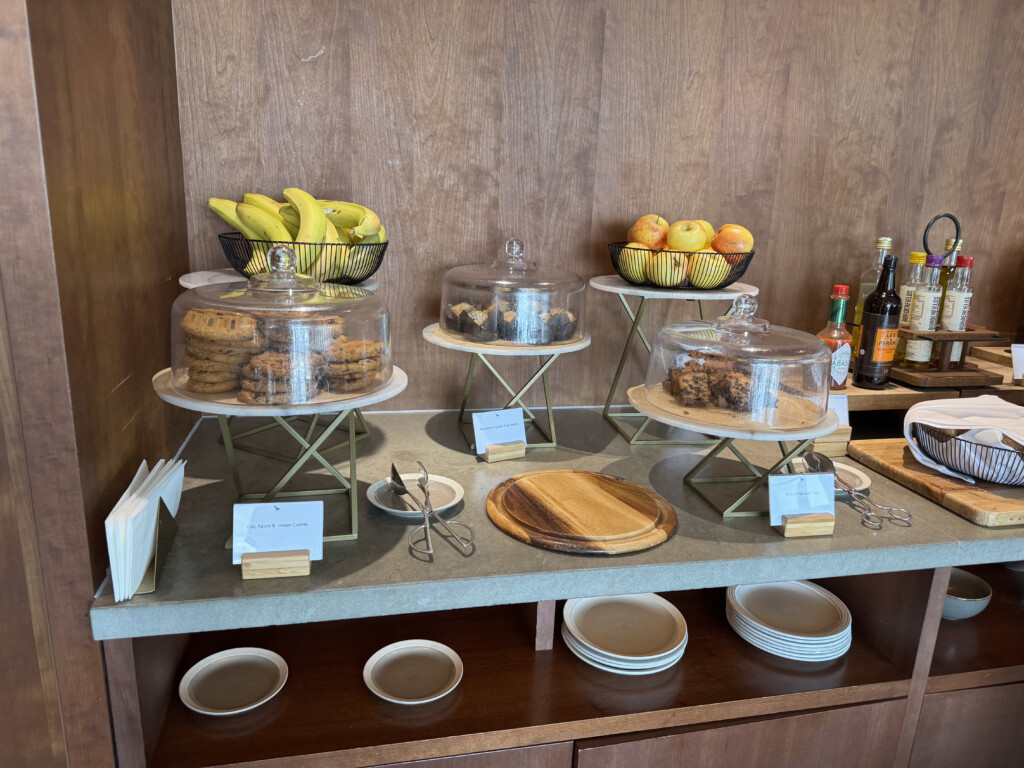 a buffet table with food on it