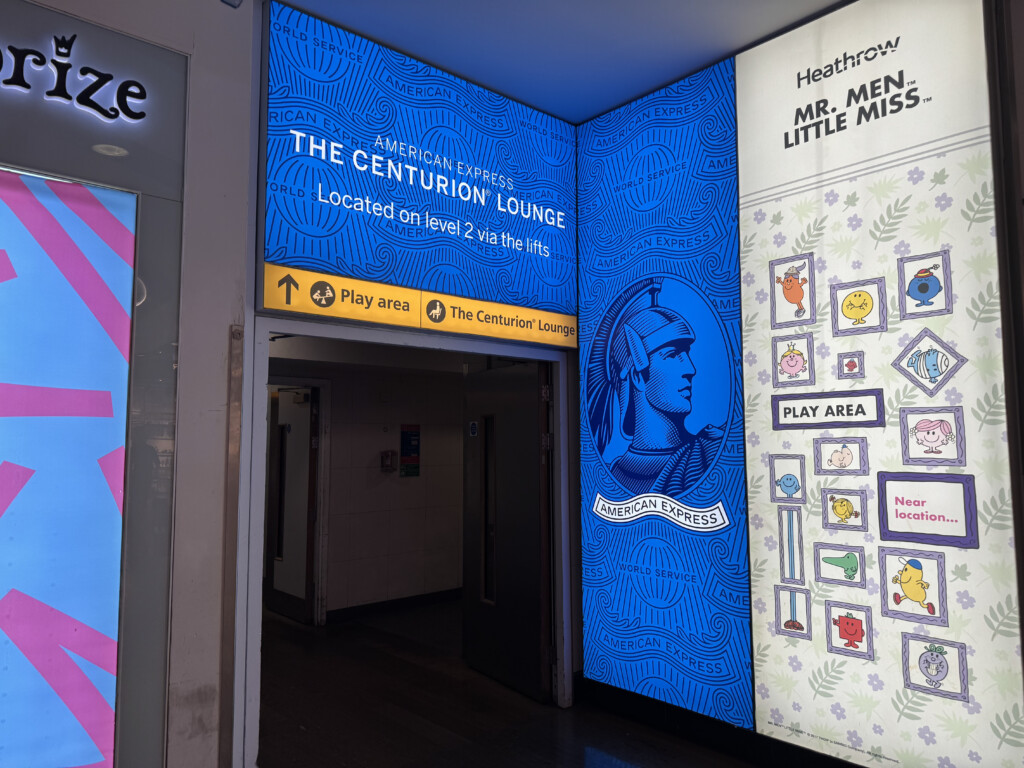 a large sign with a blue and white graphic on it