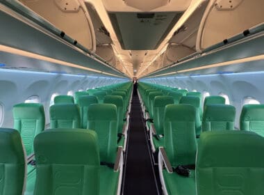 an airplane with green seats