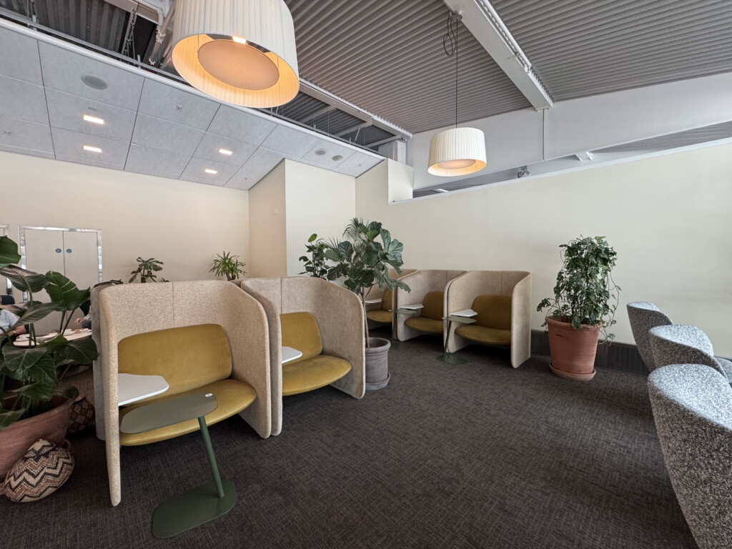 a room with chairs and potted plants