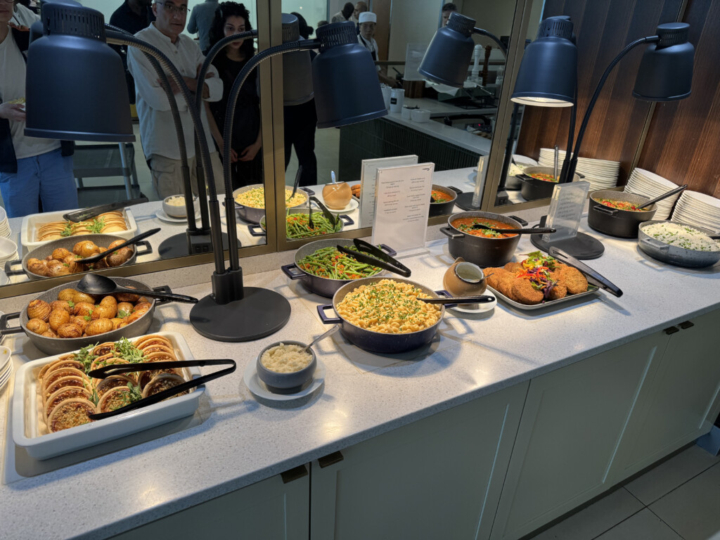 a buffet table with food on it