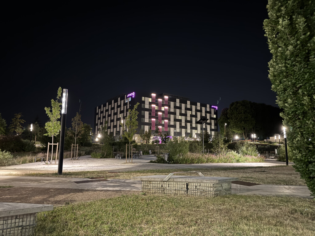 a building with lights on it
