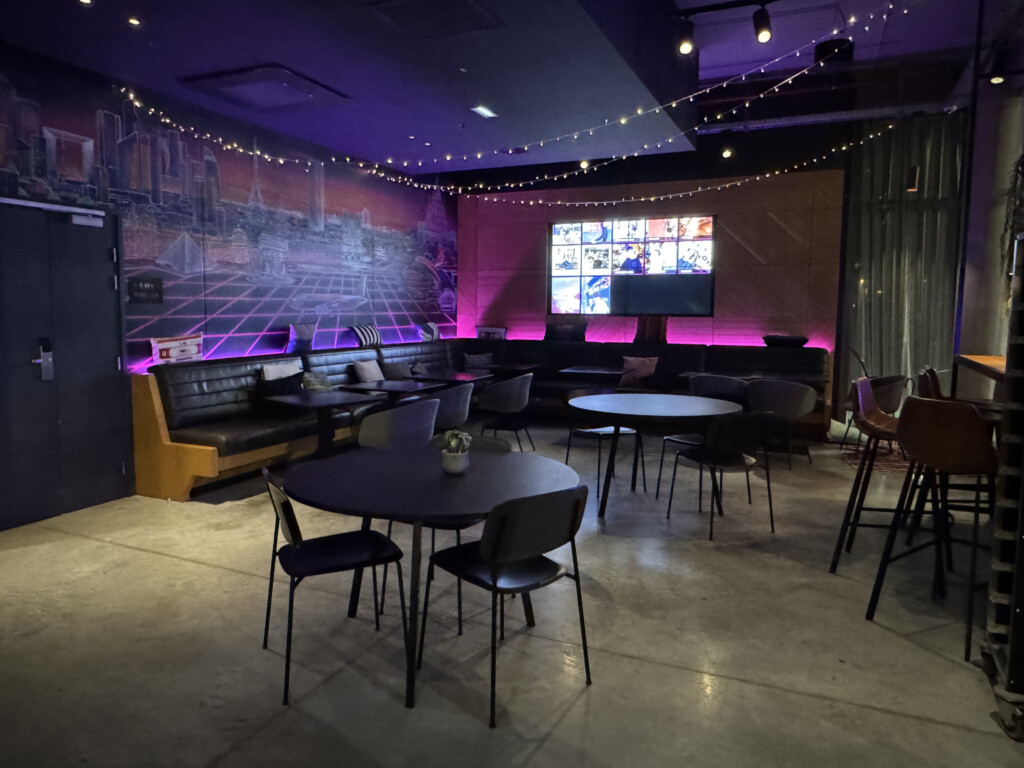 a room with tables and chairs