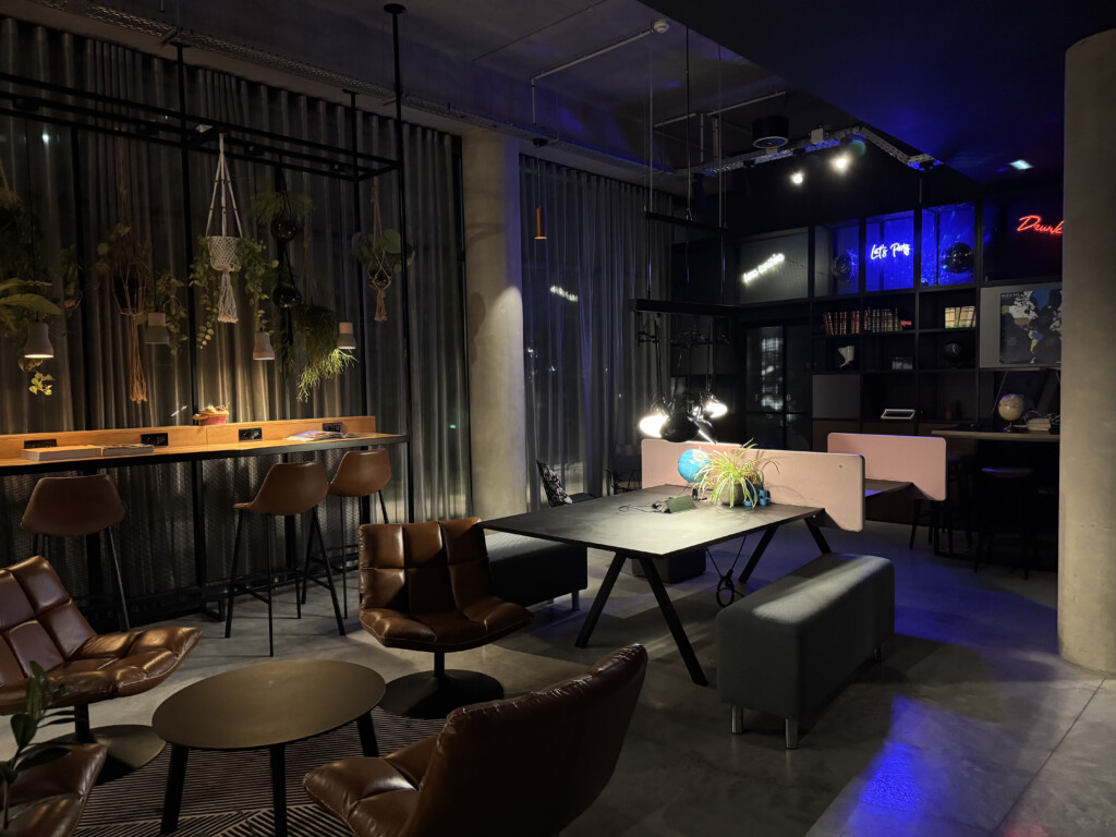 a room with tables and chairs