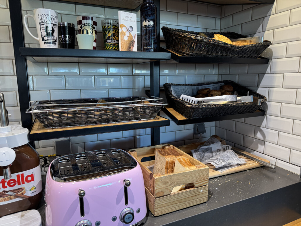 a shelf with food items on it