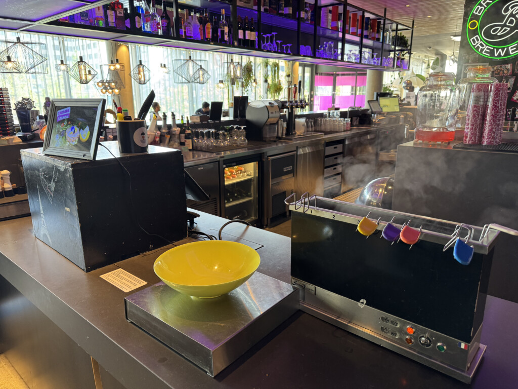 a kitchen with a yellow bowl on a counter