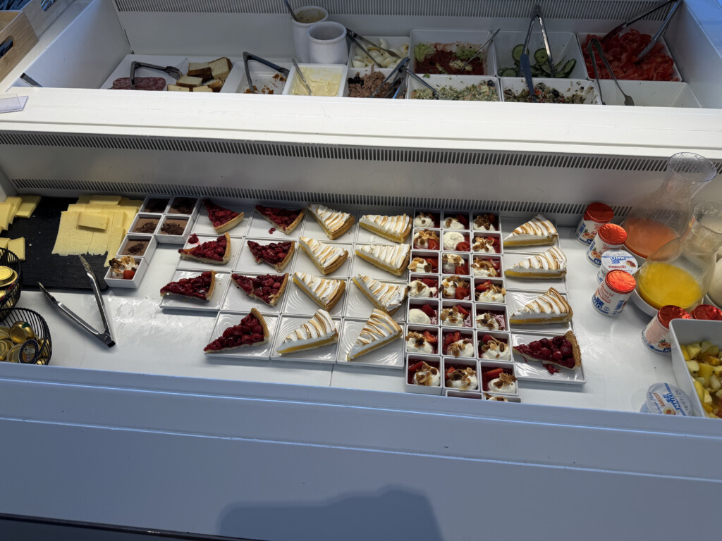 a display case with different types of food
