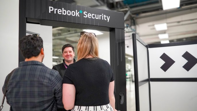 a group of people standing in front of a security door