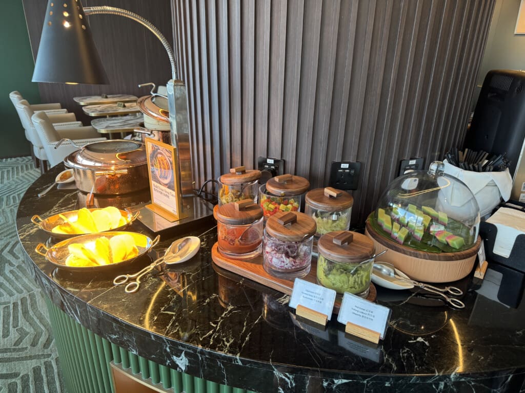 a buffet table with food on it