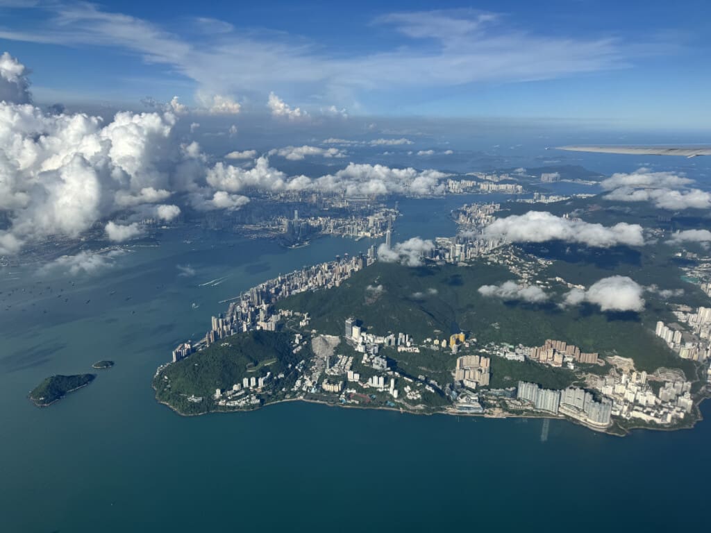 aerial view of a city and water