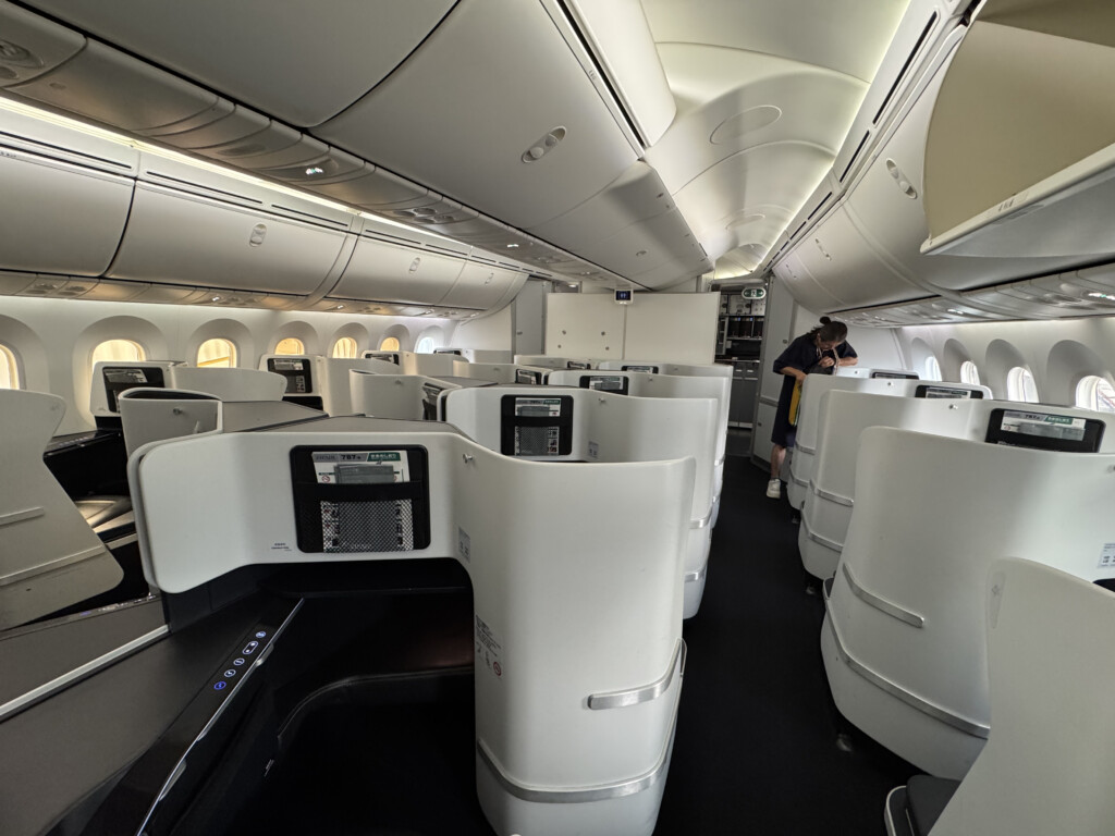 a person standing in an airplane