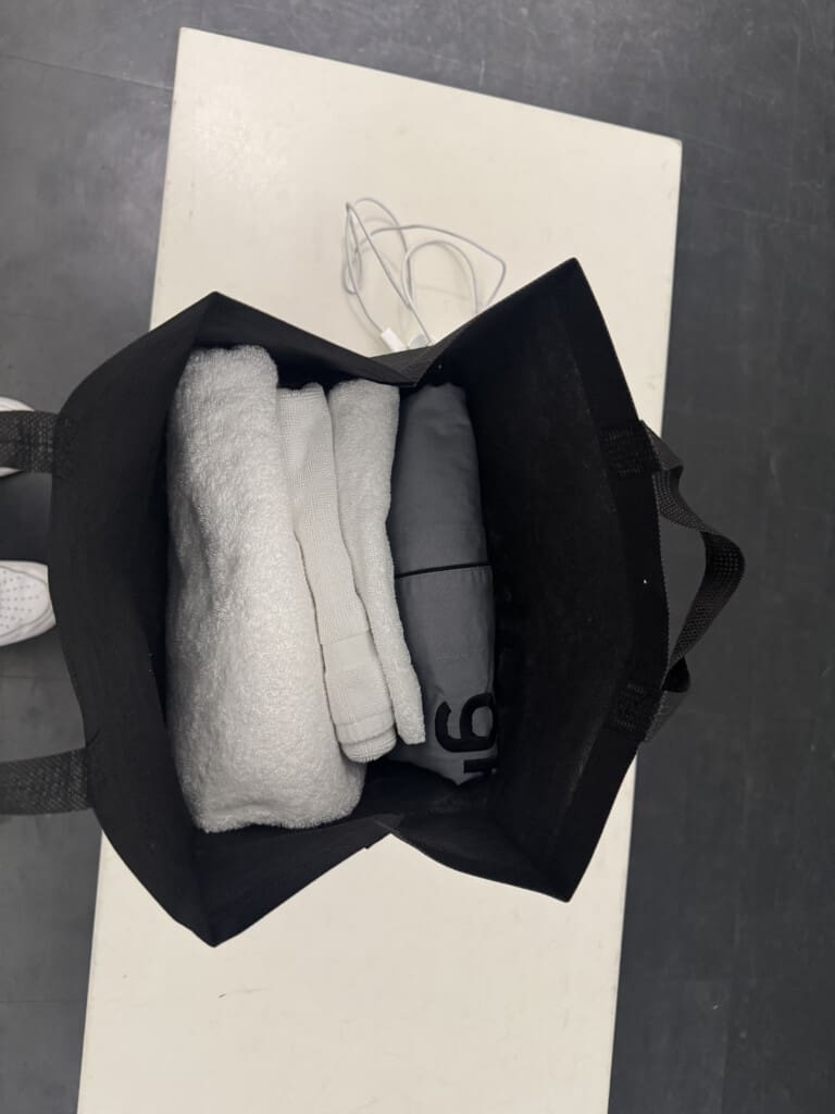 a black bag with towels and a towel in it