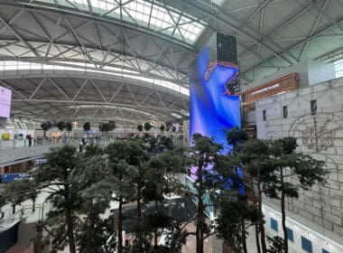 a large screen in a building