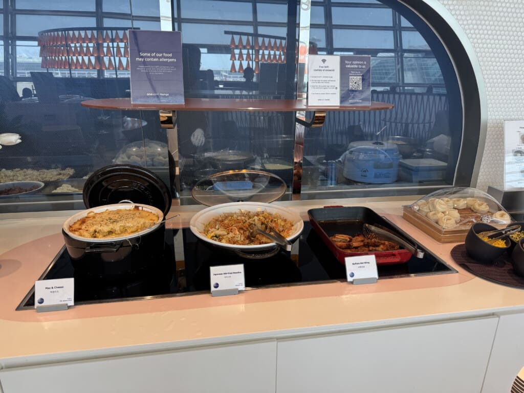 food in a buffet with a window
