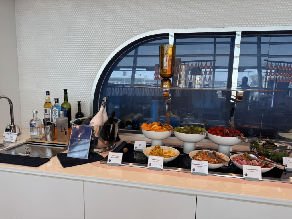 a buffet with food on it