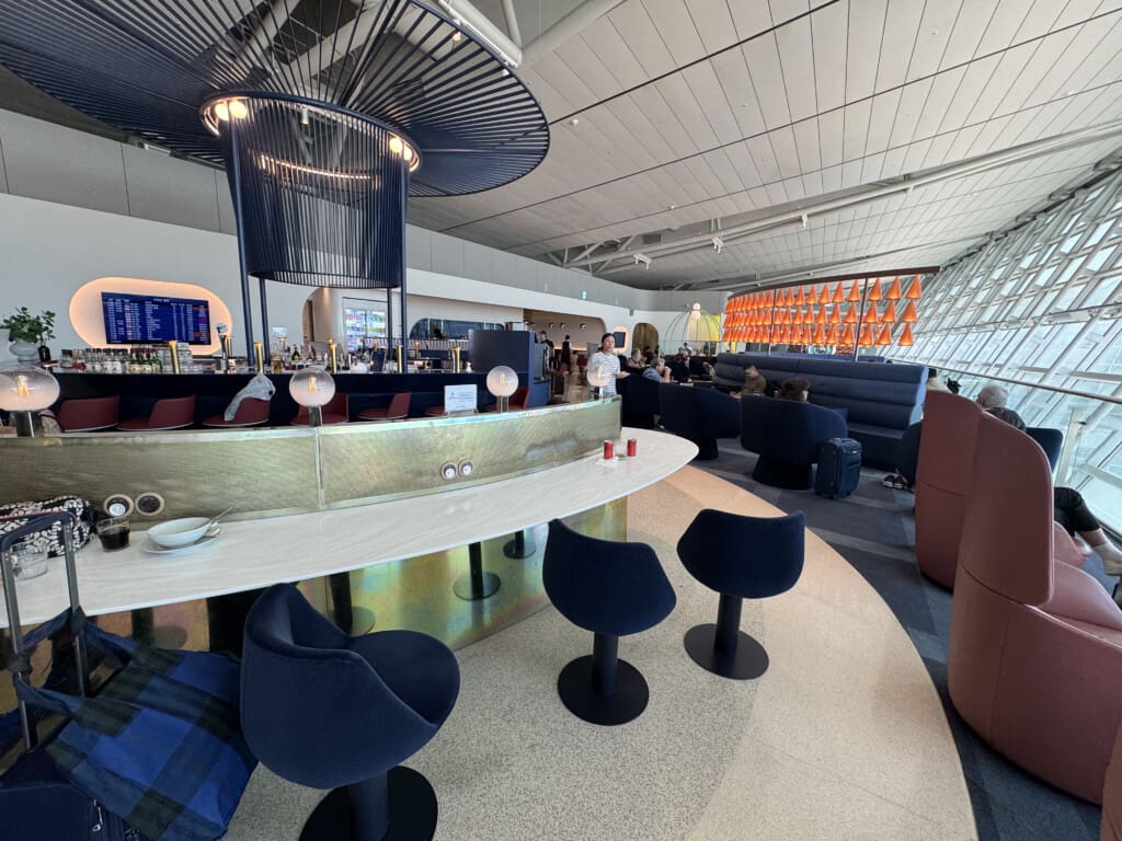 a room with a bar and chairs
