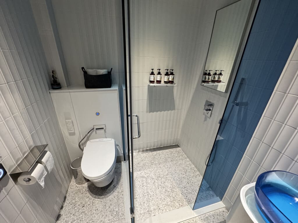 a bathroom with a shower and toilet
