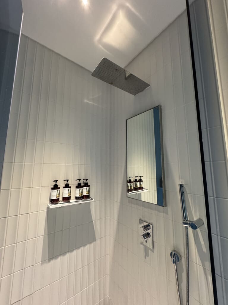 a shower with a mirror and bottles of liquid