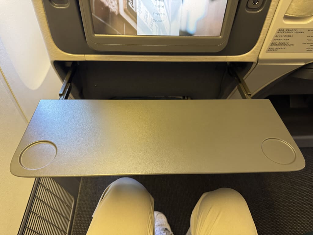 a person's legs and a tv in an airplane