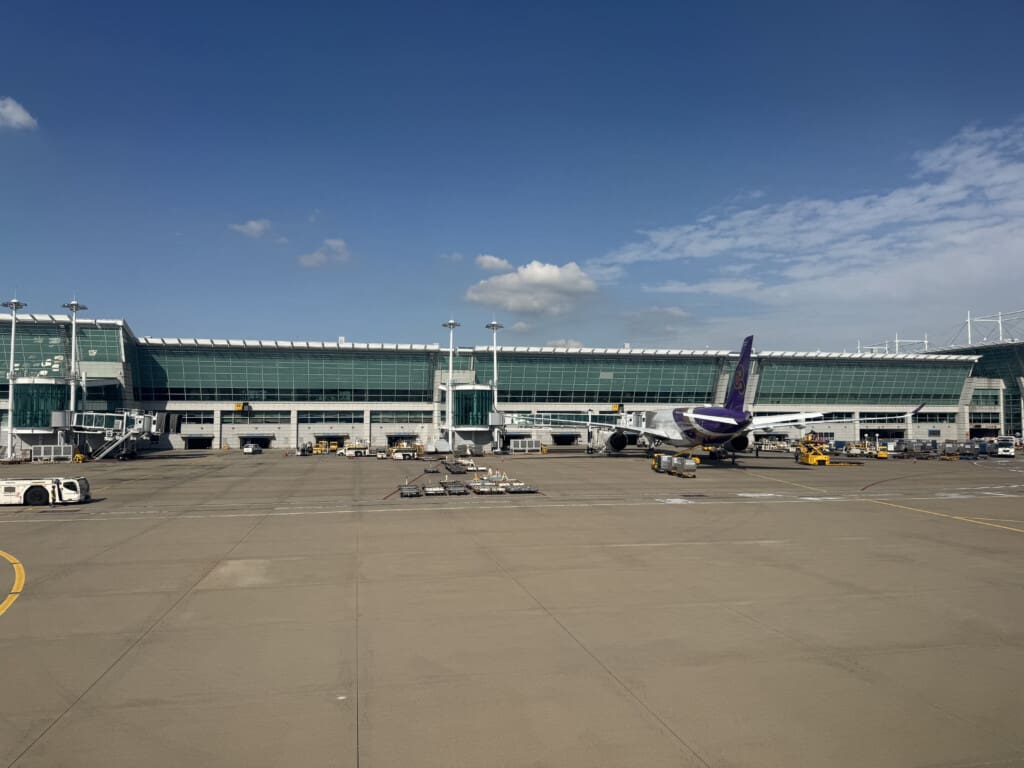 a plane parked in a tarmac